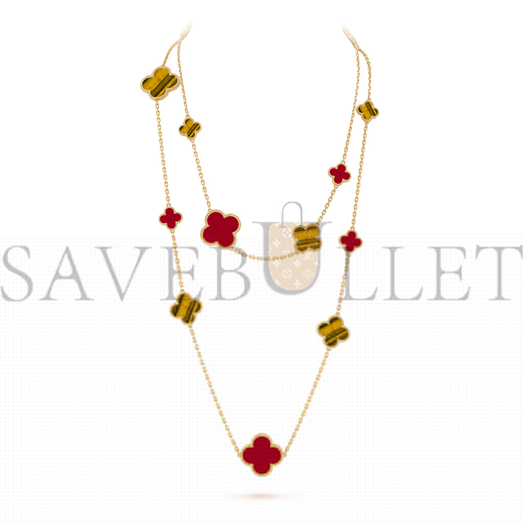 VAN CLEEF ARPELS MAGIC ALHAMBRA LONG NECKLACE, 16 MOTIFS - YELLOW GOLD, CARNELIAN, TIGER EYE  VCARN5JO00